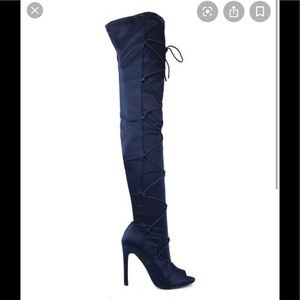 Over knee blue suede tie up peep toe